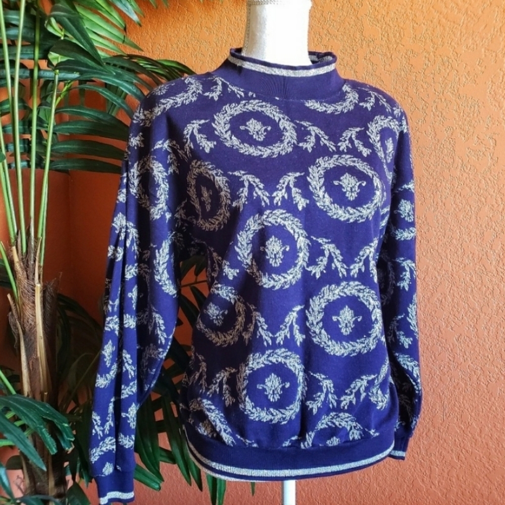 Vintage Westbound Petites Metallic Navy Sweater Medium Nautical Preppy Crew Neck